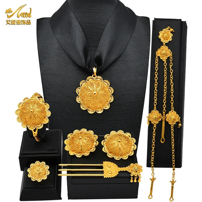 ANIID Ethiopian Red Rope 6pcs Necklace Jewellery Set For Lady Flower Designer Wedding Nigerian Luxury Golden Jewelry Sets Gifts