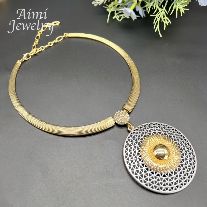 Large Round Pendant 18K Gold Plated Jewelry Set for Women Necklace Earrings Bracelet Ring African Bridal Wedding Party Gifts