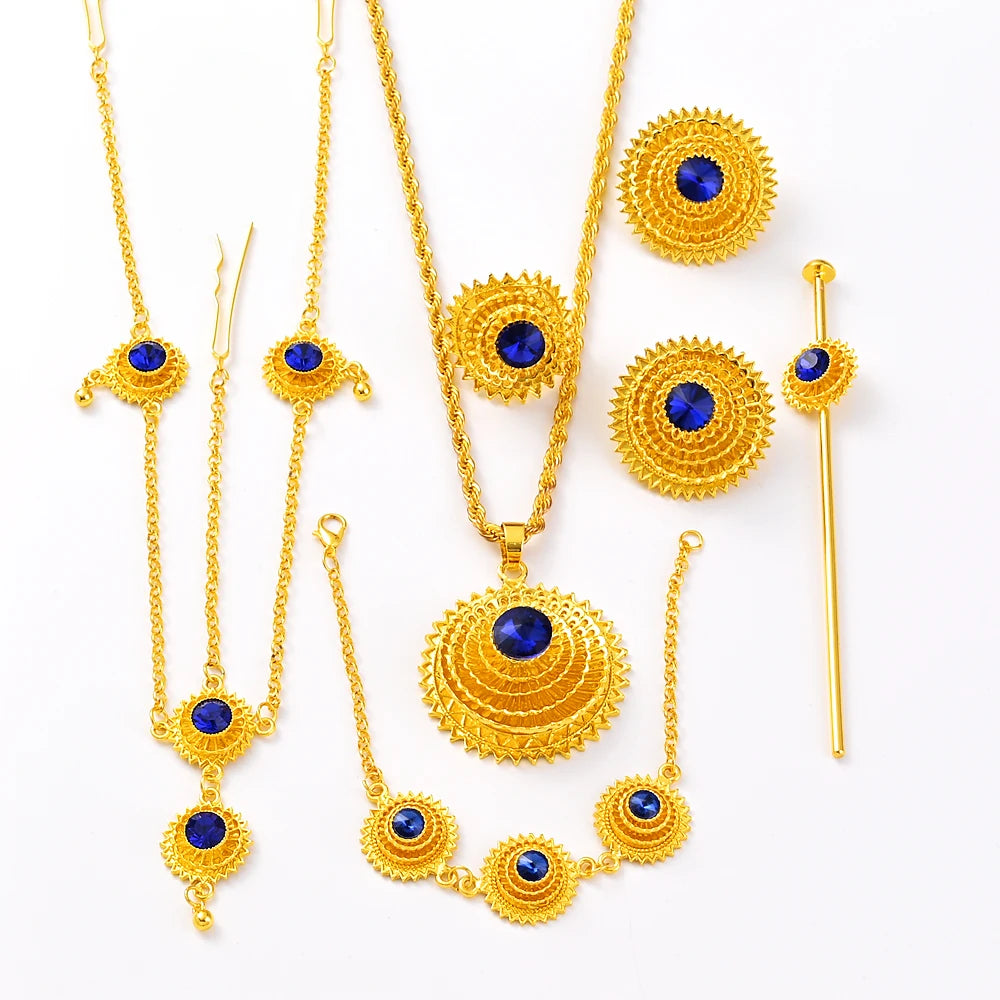 Ethiopian Traditional Blue Stone Gold Color Bridal Jewelry Set Necklace Earrings Ring Hairpain Gifts Wedding Jewellery For Women