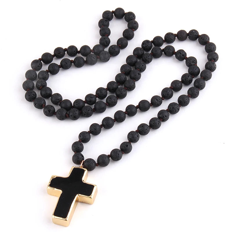 RH Fashion Bohemian Tribal Jewelry 8mm Natural Stones Knotted Stone Cross Pendant Necklaces Women Ethnic Necklace