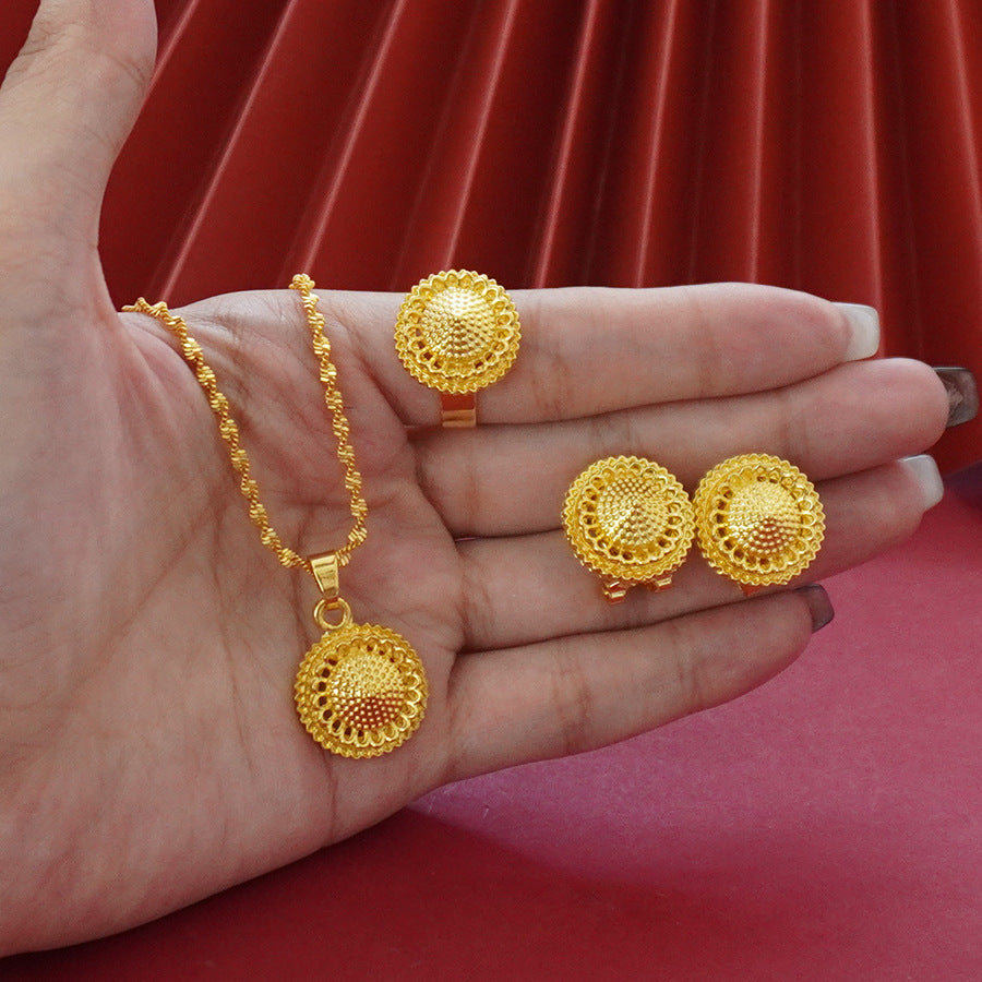 Landscape Middle East Flower Design Gold-plated Necklace Pendant Earring Ring Jewelry Suit