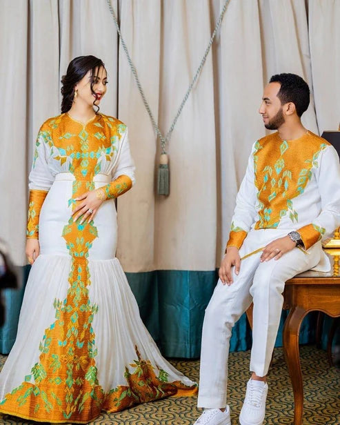 Couples Matching Traditional Cloth: Vibrant Tilf Designs.