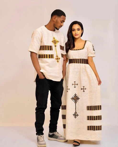 Couples' Habesha Cloth: Harmony of Love Matching Outfit.