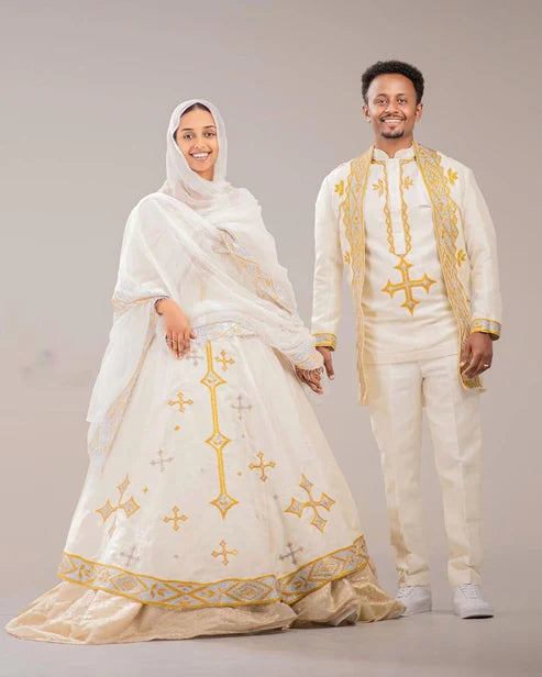 Handwoven Couples Matching Traditional Cloth: Exquisite Habesha Attire.