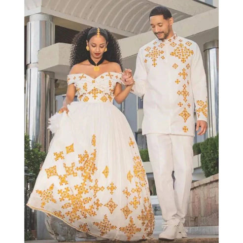 Beautiful Couples' Ethiopian Habesha Cloth: Forever United Kemis Set.