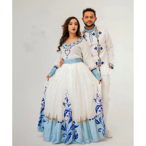 Couples' Habesha Wedding Cloth: Exquisite Traditional Attire.