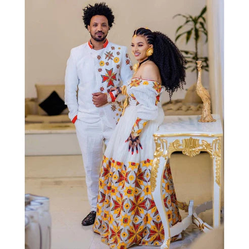 Gorgeous Couples Matching Traditional Cloth: Exquisite Habesha Attire.