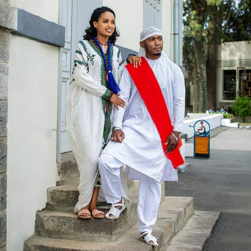 Handwoven Couples Matching Traditional Cloth: Exquisite Habesha Attire with Man's Shoe.