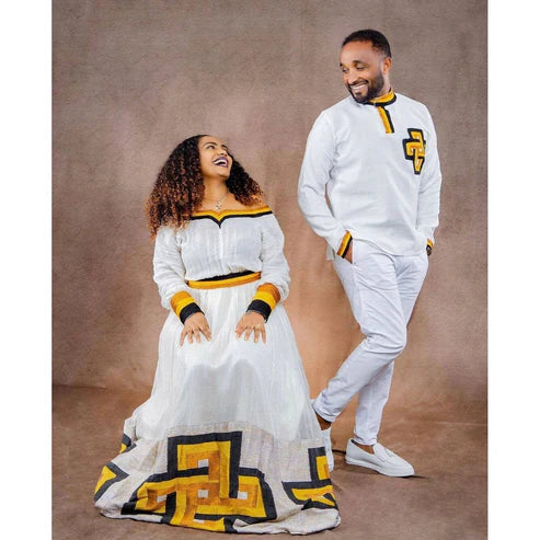 Handwoven Wedding Cloth: Exquisite Habesha Couples' Attire.