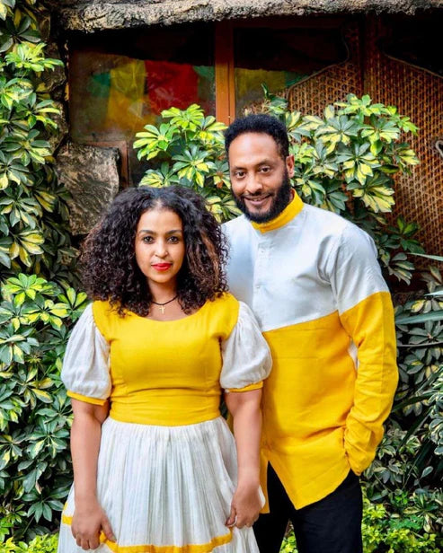 Radiant Yellow Couple's Habesha Outfit.