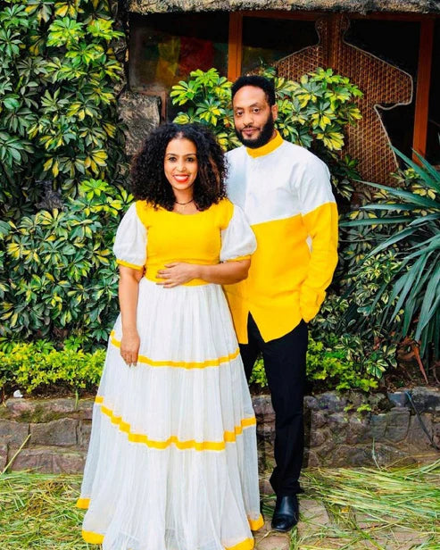 Radiant Yellow Couple's Habesha Outfit.