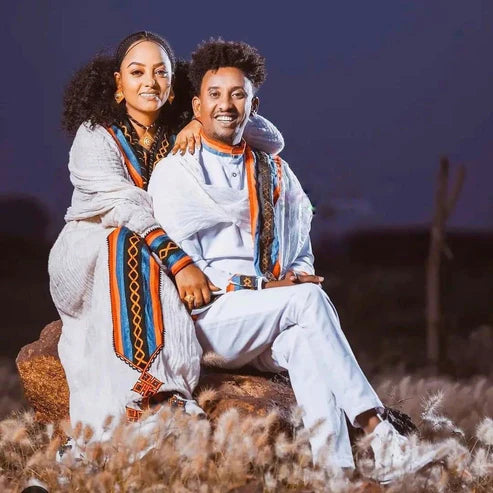 Ethiopian Cultural Handwoven Habesha Couples' Outfit.