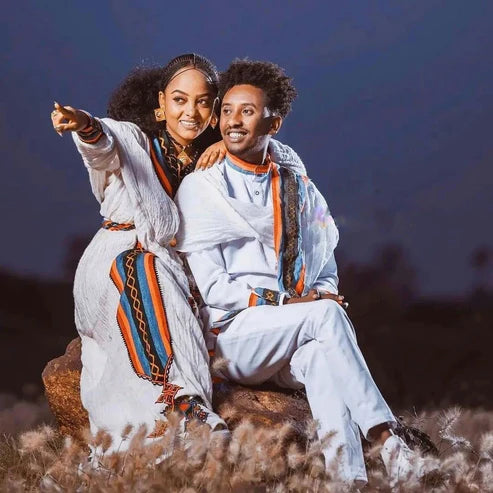 Ethiopian Cultural Handwoven Habesha Couples' Outfit.