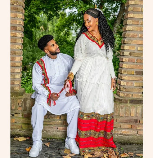 Timeless Red Design Handwoven Habesha Couples' Outfit.