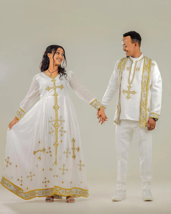 Golden Cross Design: Habesha Couples Outfit for Weddings and Special Occasions.