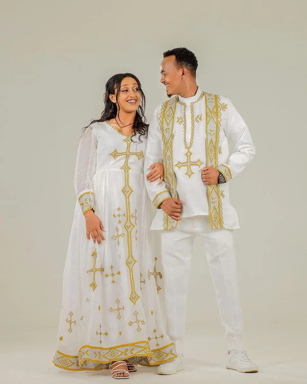Golden Cross Design: Habesha Couples Outfit for Weddings and Special Occasions.