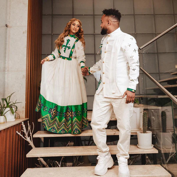 Harmony in Green: Habesha Cultural Bliss with Couples' Outfit.