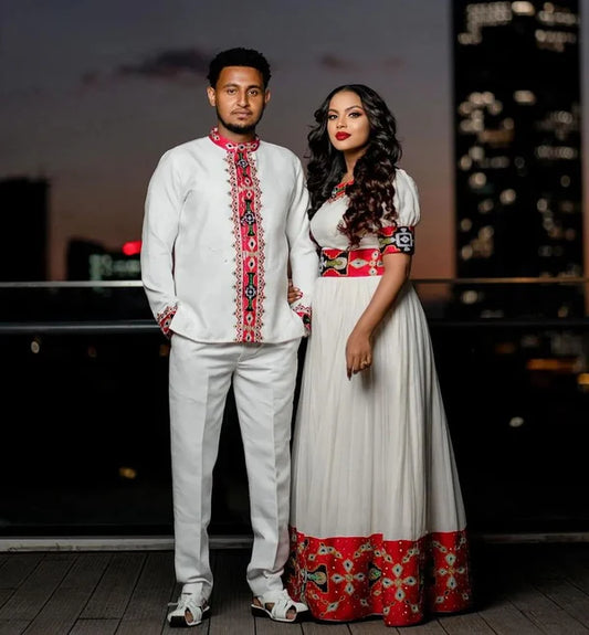 Contemporary Elegance: Habesha Couples' Ensemble in Menen and Pisi Fabrics.