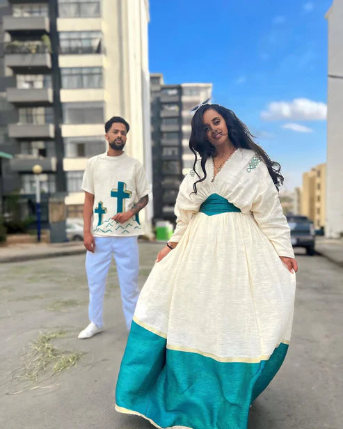 Azure Harmony: Couples' Habesha Outfit in Menen Fabric.