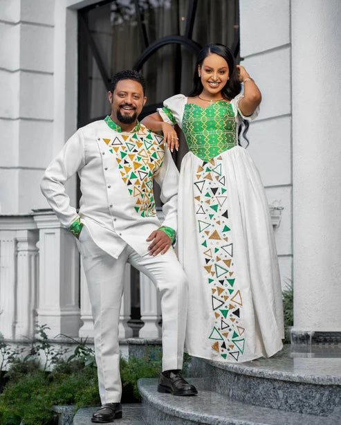 Contemporary Elegance: Habesha Wedding Attire with Modern Green Designs.