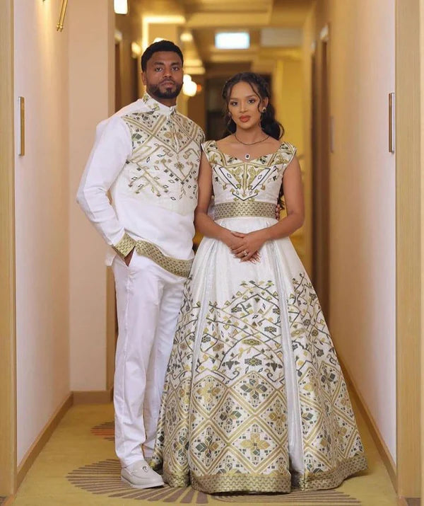 Eternal Radiance: Graceful in Habesha Couples Wedding Attire.