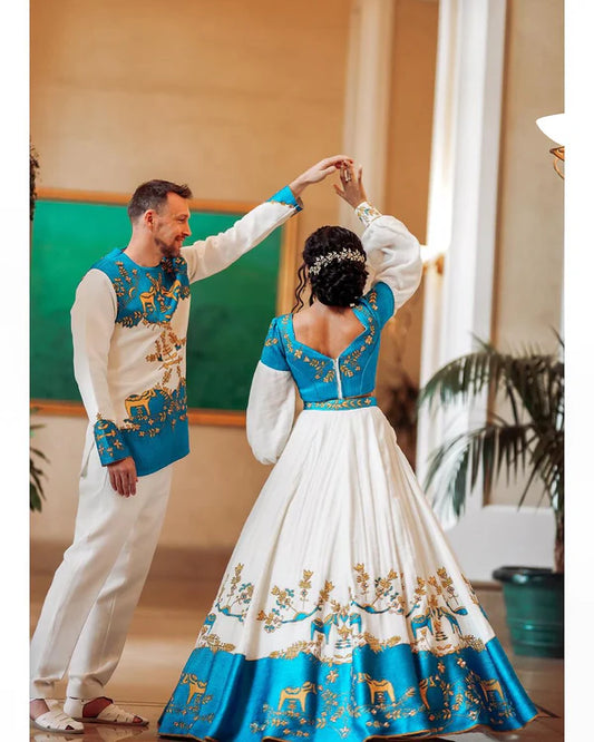 Ethereal Elegance: Habesha Couples Outfit in Blue Design.