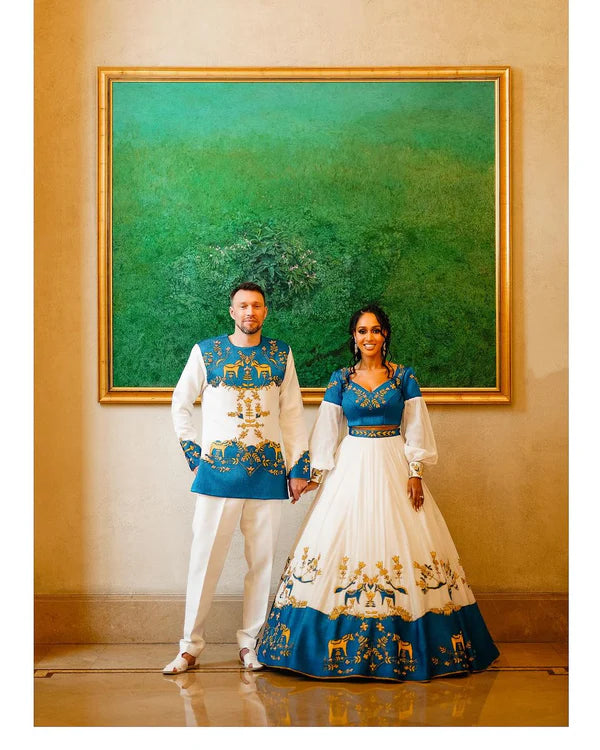 Ethereal Elegance: Habesha Couples Outfit in Blue Design.