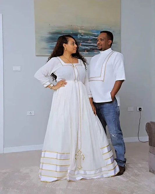 Light Neutral Color: Habesha Couples Outfit