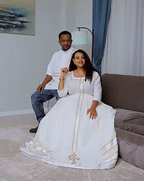 Light Neutral Color: Habesha Couples Outfit