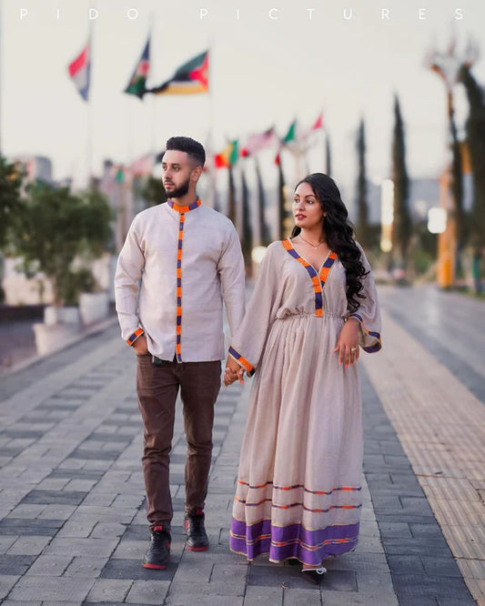 Purple and Orange Design: Habesha Couples Outfit