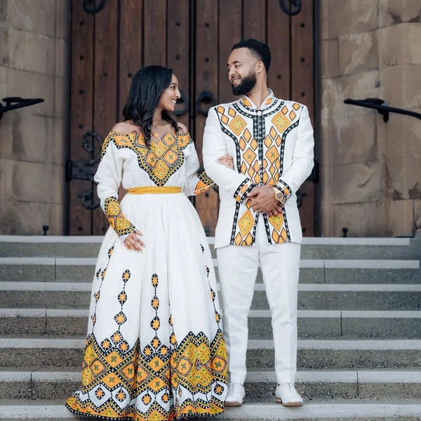 Beautiful Habesha Couples Outfit: Elegant Yellow Design in Traditional Attire