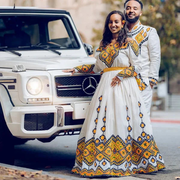 Beautiful Habesha Couples Outfit: Elegant Yellow Design in Traditional Attire