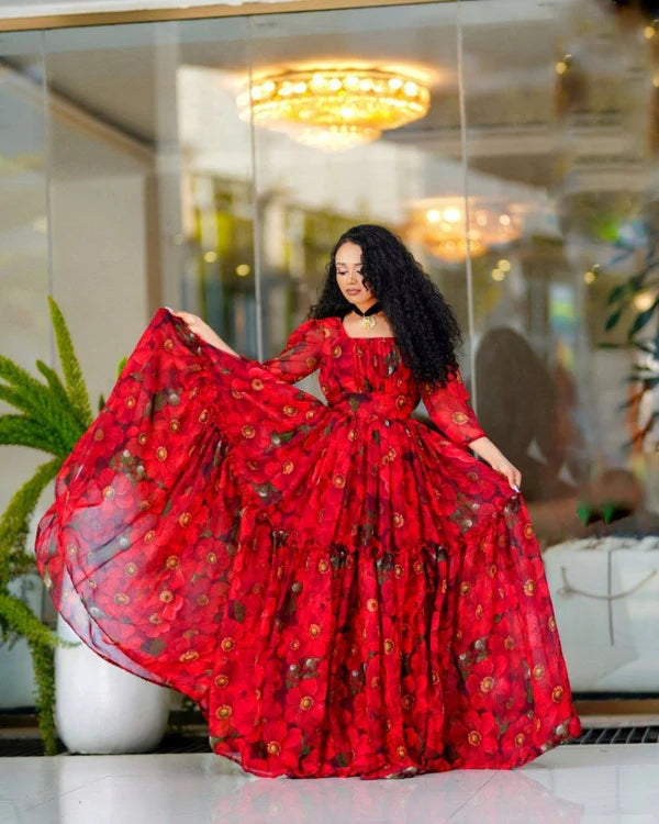 Fluid Red Chiffon Habesha Dress: A Beautifully Designed Chiffon Dress