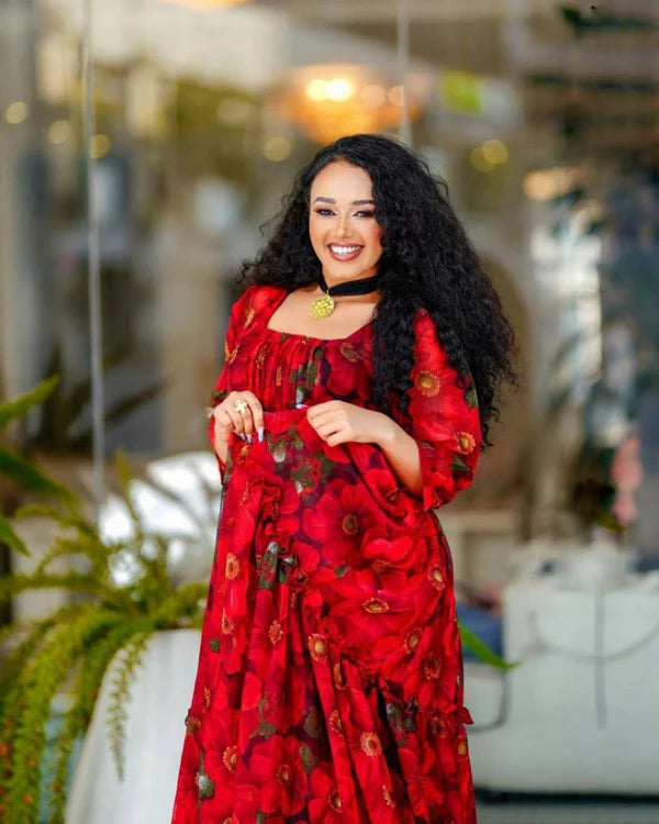 Fluid Red Chiffon Habesha Dress: A Beautifully Designed Chiffon Dress