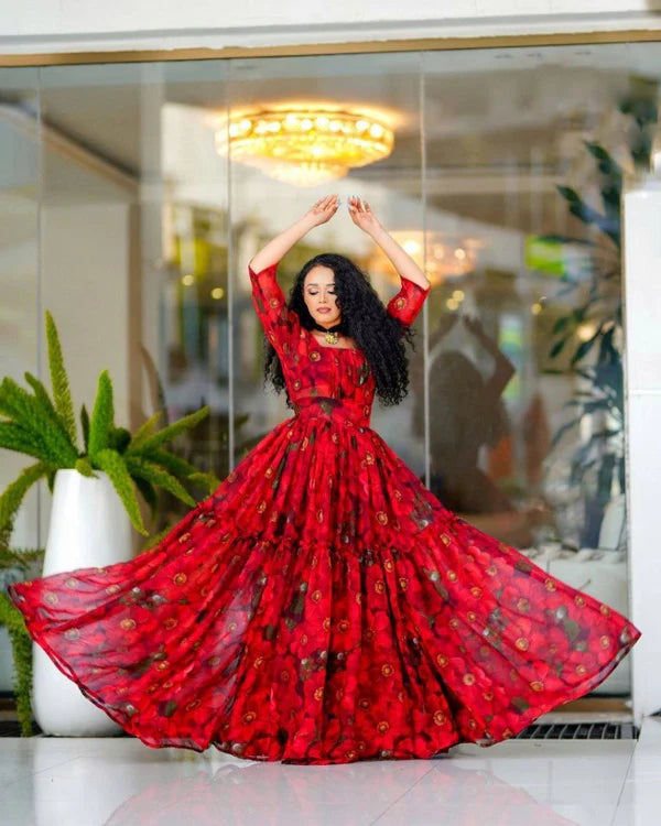 Fluid Red Chiffon Habesha Dress: A Beautifully Designed Chiffon Dress