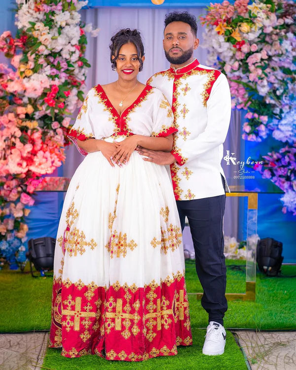 Alluring Red Traditional Habesha Couples Outfit: Golden Handstitched Matching Attire