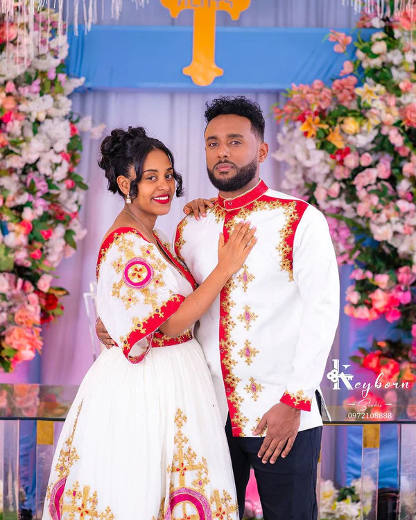 Alluring Red Traditional Habesha Couples Outfit: Golden Handstitched Matching Attire