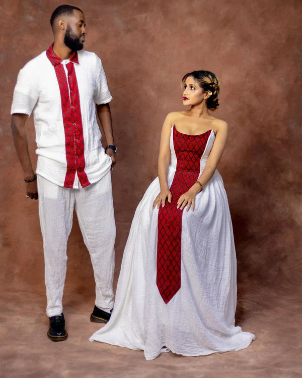 Captivating Red Matching Habesha Couples Outfit: Elegant Look with Traditional Habesha Couples Attire