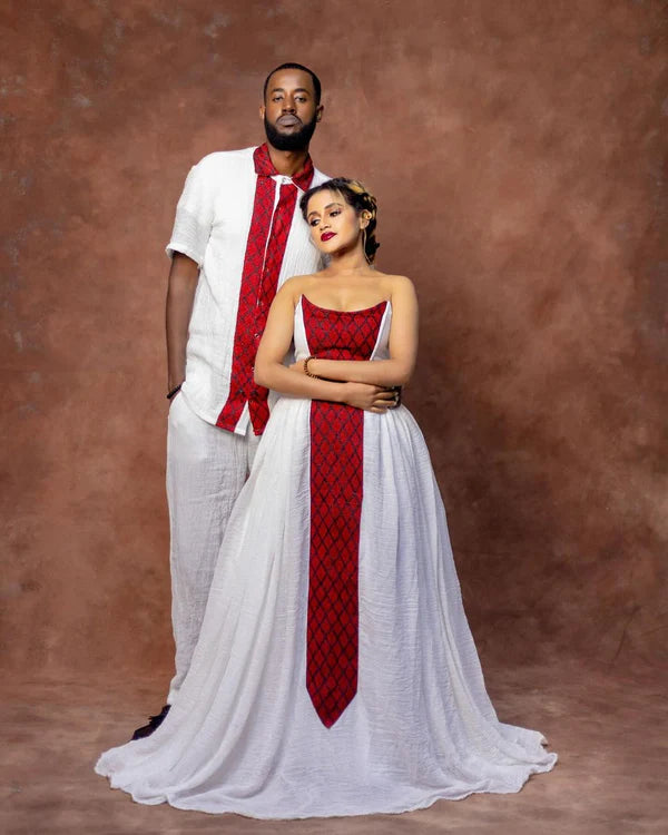 Captivating Red Matching Habesha Couples Outfit: Elegant Look with Traditional Habesha Couples Attire