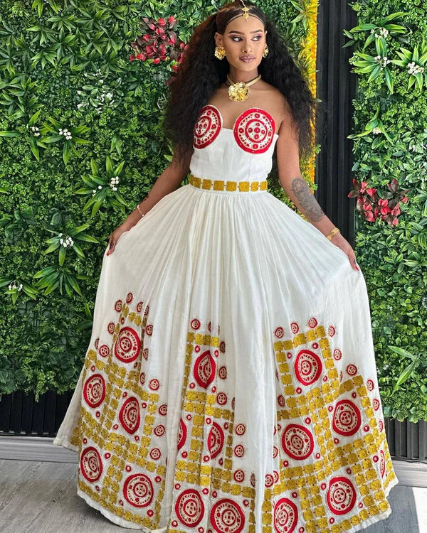 Chic Red Strapless Habesha Kemis: Modern Embroidery, Elegant Habesha Style