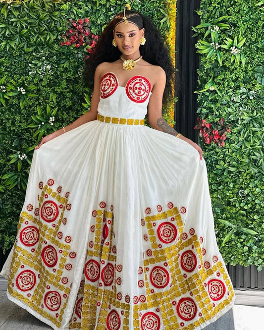 Chic Red Strapless Habesha Kemis: Modern Embroidery, Elegant Habesha Style