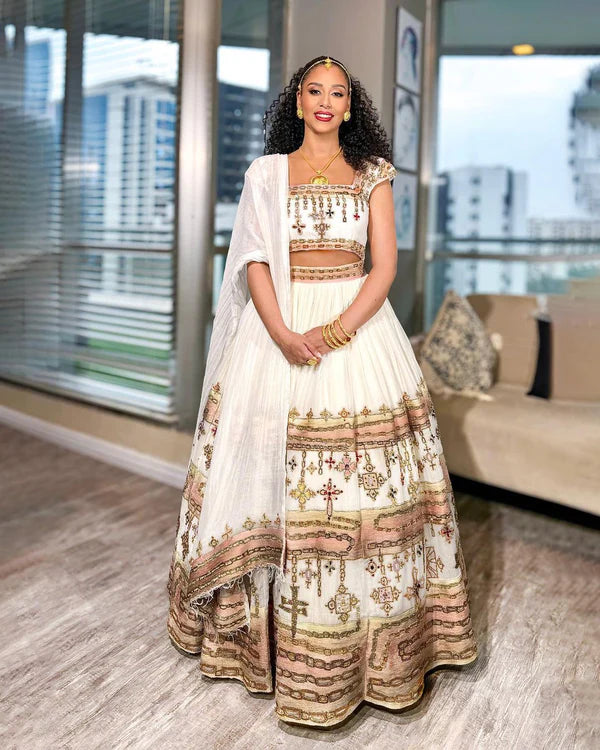 Sparkling Habesha Top and Skirt Set: Wide Cultural Embroidery, Habesha Dress for Special Occasions