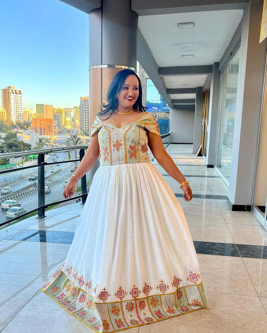 Beautiful Red Patterned Habesha Dress: Off-the-Shoulder, Modern Habesha Traditional Wedding Dress