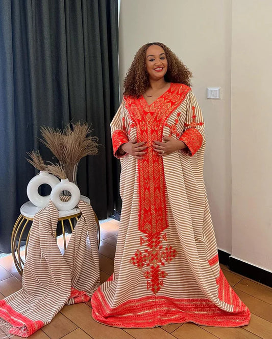 Beautiful Handcrafted Habesha Dress: Cream with Scarlet Red Accents, Relaxed Habesha Style
