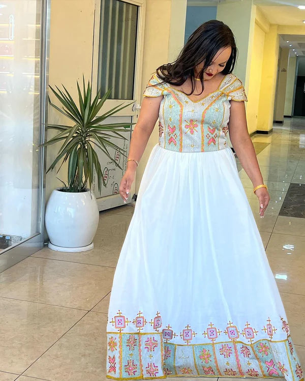 Beautiful Red Patterned Habesha Dress: Off-the-Shoulder, Modern Habesha Traditional Wedding Dress