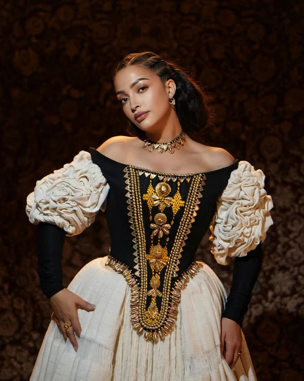 Elegant Black and Gold Habesha Dress: Sophisticated Corset-style Habesha Traditional Dress