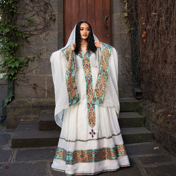 Featuring Adorable Intricate Embroidery, this Habesha Traditional Dress is Perfect for Holidays and Celebrations