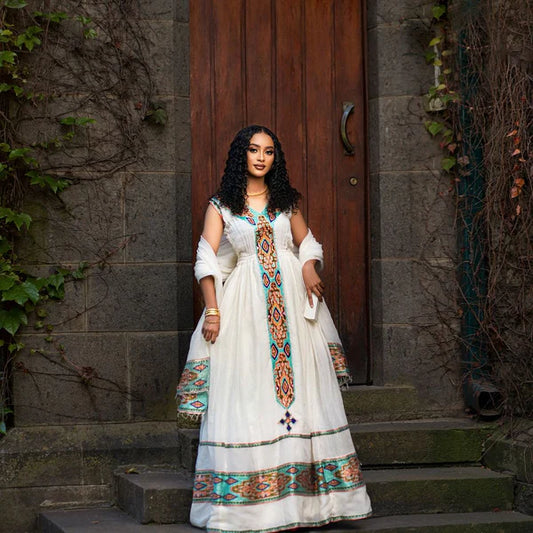 Featuring Adorable Intricate Embroidery, this Habesha Traditional Dress is Perfect for Holidays and Celebrations