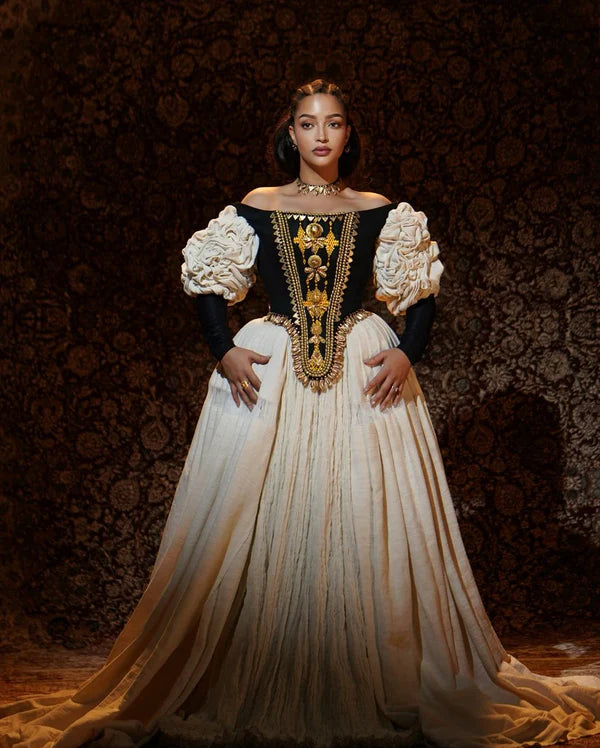 Elegant Black and Gold Habesha Dress: Sophisticated Corset-style Habesha Traditional Dress