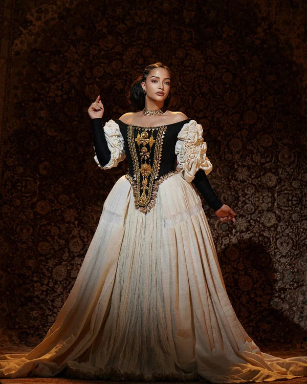 Elegant Black and Gold Habesha Dress: Sophisticated Corset-style Habesha Traditional Dress